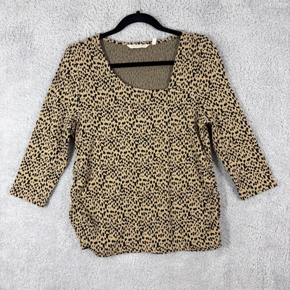 Soft Surroundings Anesha Asymmetric Neck Knit Rib Top Size LP Tan  Leopard Print
